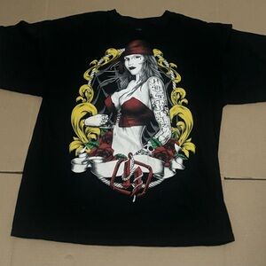 Graphic Black T-Shirt with Red and Yellow Accents